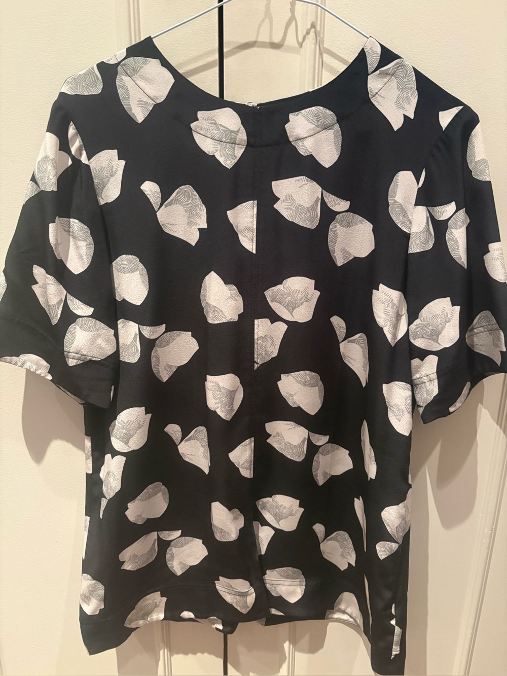 Theory Black & White Floral Print Silk Blouse, Size S